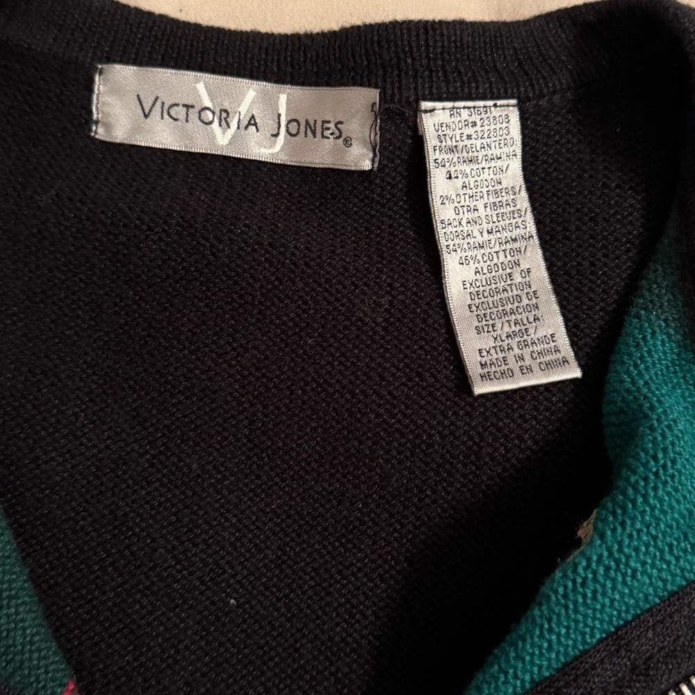 Vtg Victoria Jones Womens Sz XL Black Red Full Zip Christmas Sweater Grandmacore - Picture 6 of 9
